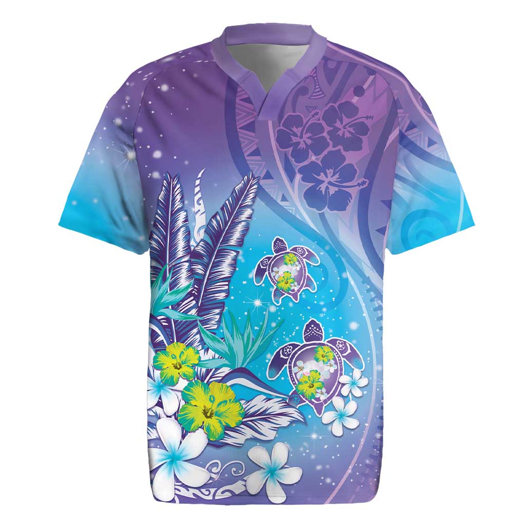 Hawaii Honu Rugby Jersey Tropical Flowers Purple Gradient