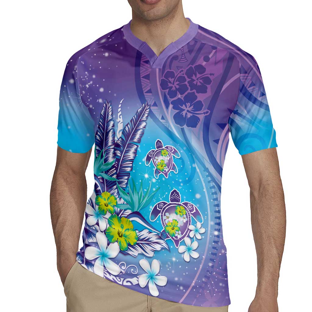 Hawaii Honu Rugby Jersey Tropical Flowers Purple Gradient