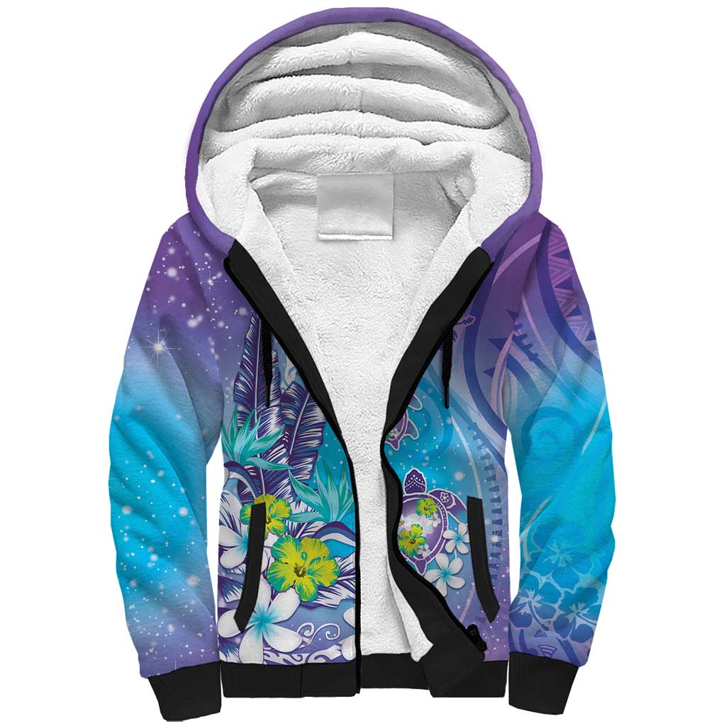 Hawaii Honu Sherpa Hoodie Tropical Flowers Purple Gradient