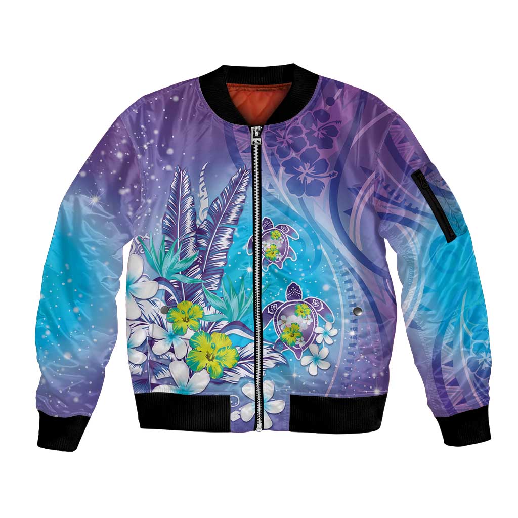 Hawaii Honu Sleeve Zip Bomber Jacket Tropical Flowers Purple Gradient