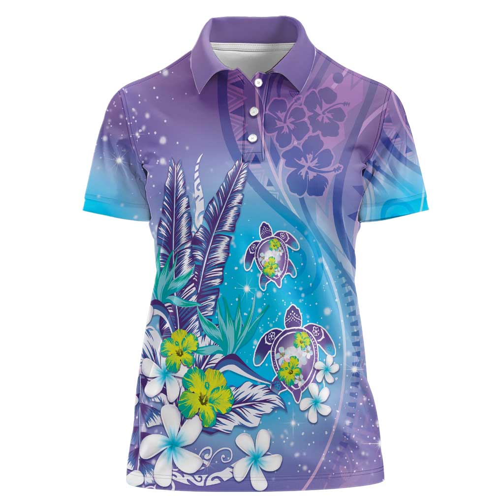 Hawaii Honu Women Polo Shirt Tropical Flowers Purple Gradient