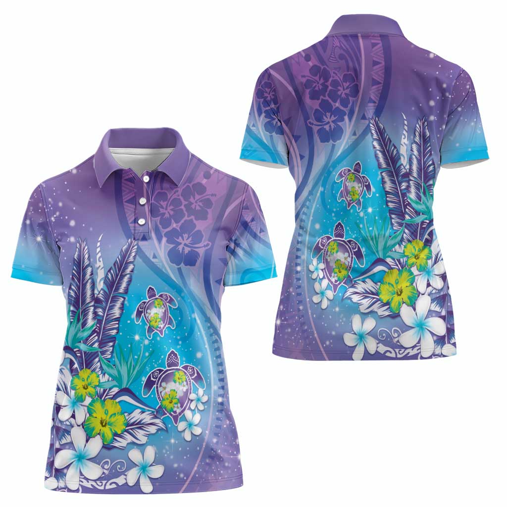 Hawaii Honu Women Polo Shirt Tropical Flowers Purple Gradient