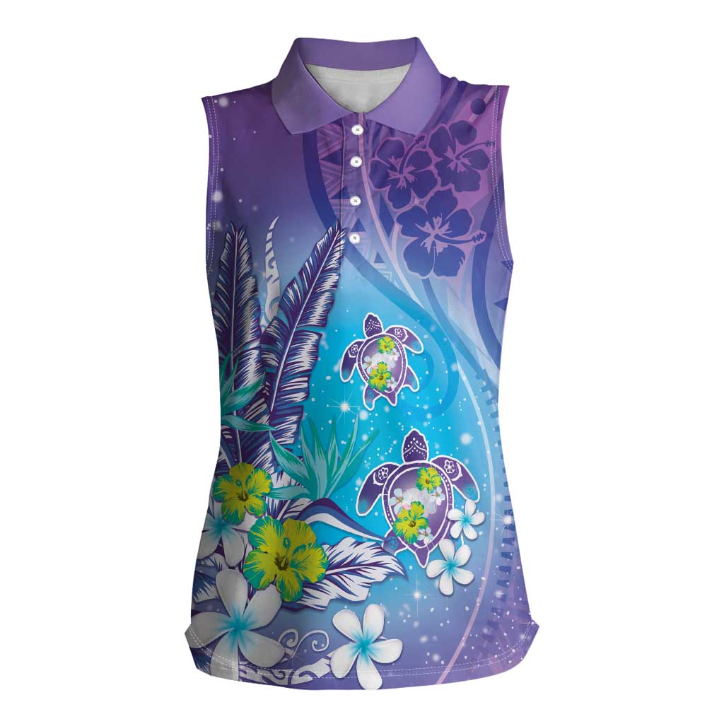 Hawaii Honu Women Sleeveless Polo Shirt Tropical Flowers Purple Gradient