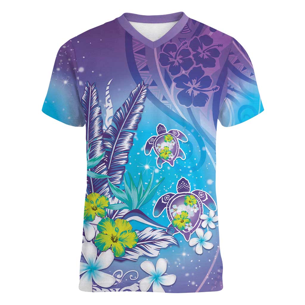 Hawaii Honu Women V-Neck T-Shirt Tropical Flowers Purple Gradient