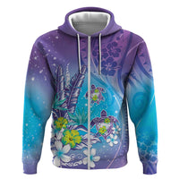 Hawaii Honu Zip Hoodie Tropical Flowers Purple Gradient