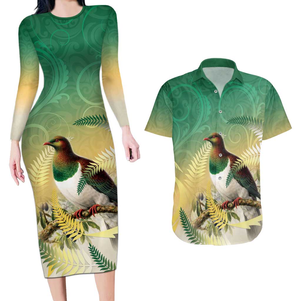 New Zealand Pigeon Kereru Couples Matching Long Sleeve Bodycon Dress and Hawaiian Shirt Maori Fern Art Green Gradient LT05 Green - Polynesian Pride