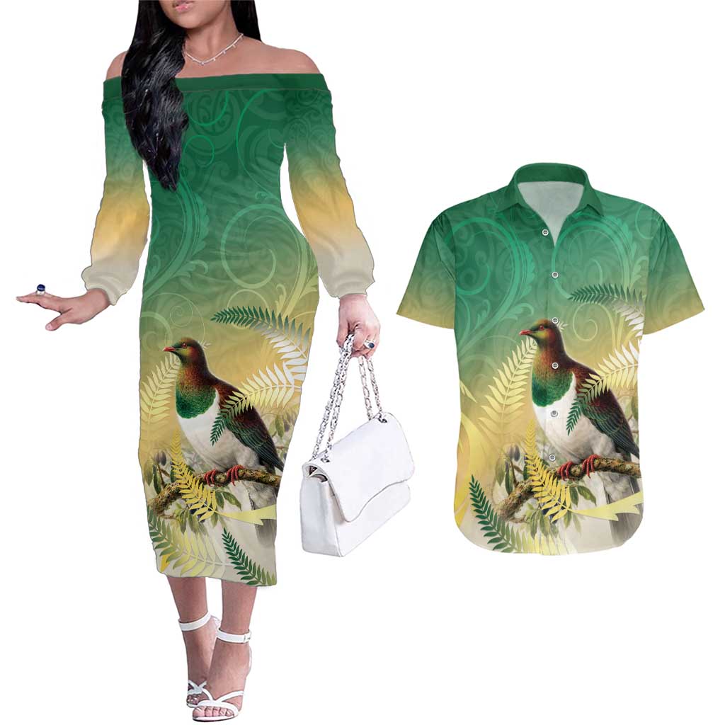 New Zealand Pigeon Kereru Couples Matching Off The Shoulder Long Sleeve Dress and Hawaiian Shirt Maori Fern Art Green Gradient LT05 Green - Polynesian Pride