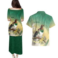 New Zealand Pigeon Kereru Couples Matching Puletasi and Hawaiian Shirt Maori Fern Art Green Gradient LT05 - Polynesian Pride