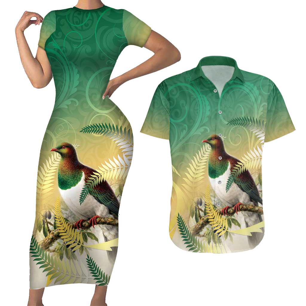 New Zealand Pigeon Kereru Couples Matching Short Sleeve Bodycon Dress and Hawaiian Shirt Maori Fern Art Green Gradient - Polynesian Pride