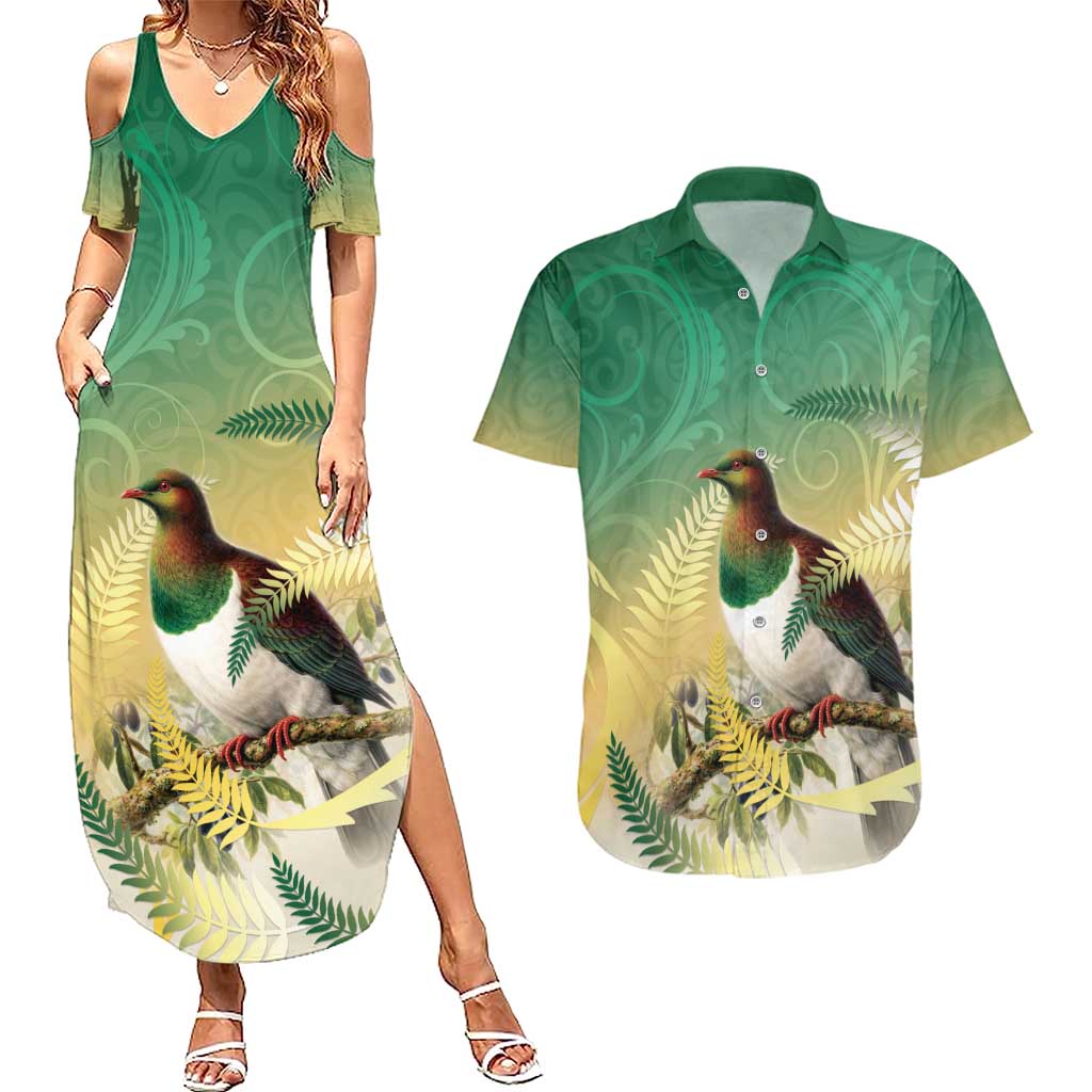 New Zealand Pigeon Kereru Couples Matching Summer Maxi Dress and Hawaiian Shirt Maori Fern Art Green Gradient - Polynesian Pride