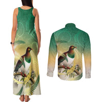 New Zealand Pigeon Kereru Couples Matching Tank Maxi Dress and Long Sleeve Button Shirt Maori Fern Art Green Gradient LT05 - Polynesian Pride