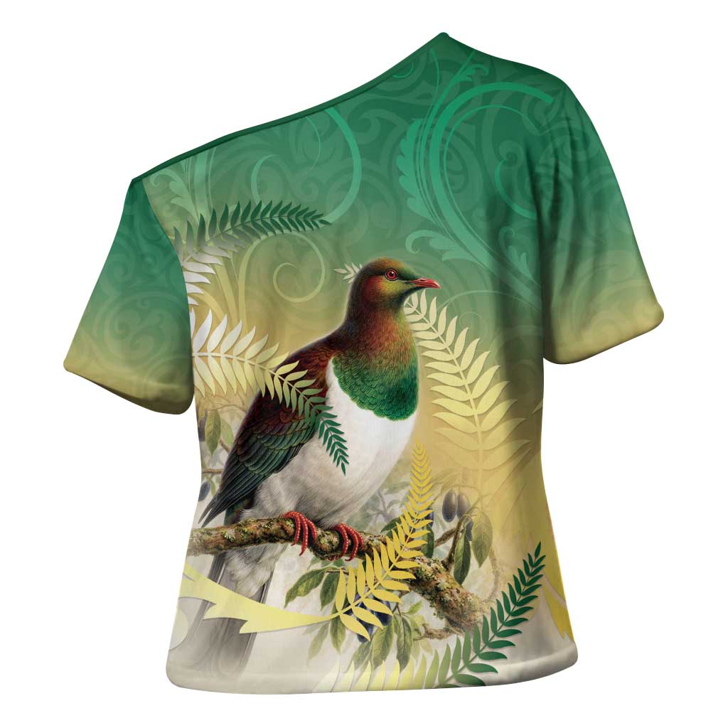 New Zealand Pigeon Kereru Cross Shoulder Shirt Maori Fern Art Green Gradient LT05 - Polynesian Pride