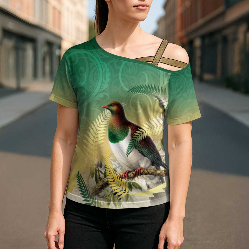 New Zealand Pigeon Kereru Cross Shoulder Shirt Maori Fern Art Green Gradient LT05 - Polynesian Pride