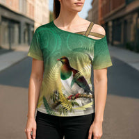 New Zealand Pigeon Kereru Cross Shoulder Shirt Maori Fern Art Green Gradient LT05 - Polynesian Pride