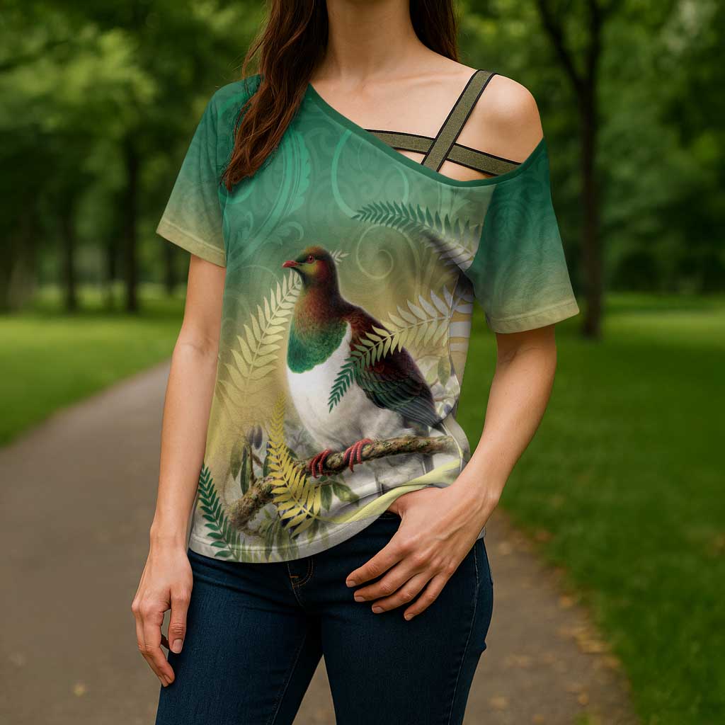 New Zealand Pigeon Kereru Cross Shoulder Shirt Maori Fern Art Green Gradient LT05 - Polynesian Pride