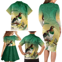New Zealand Pigeon Kereru Family Matching Long Sleeve Bodycon Dress and Hawaiian Shirt Maori Fern Art Green Gradient LT05 - Polynesian Pride