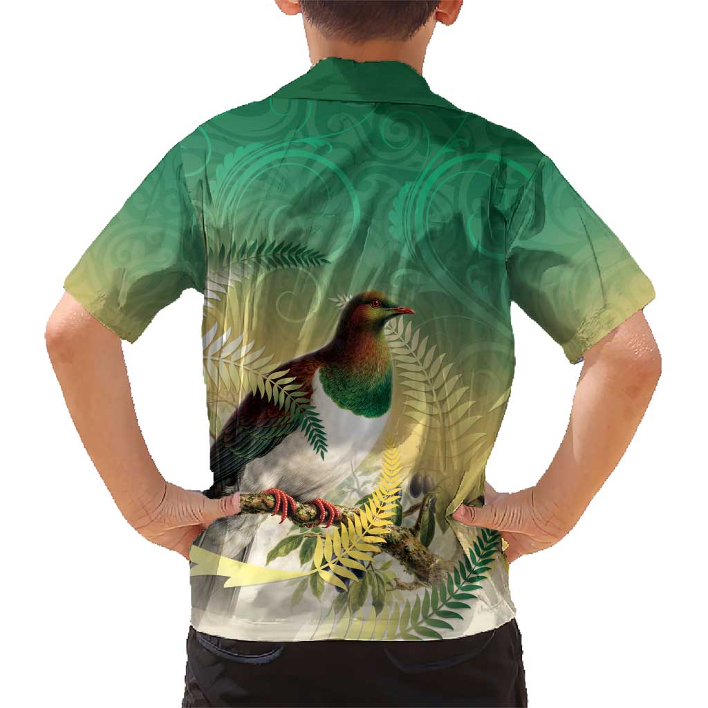New Zealand Pigeon Kereru Family Matching Off Shoulder Maxi Dress and Hawaiian Shirt Maori Fern Art Green Gradient LT05 - Polynesian Pride
