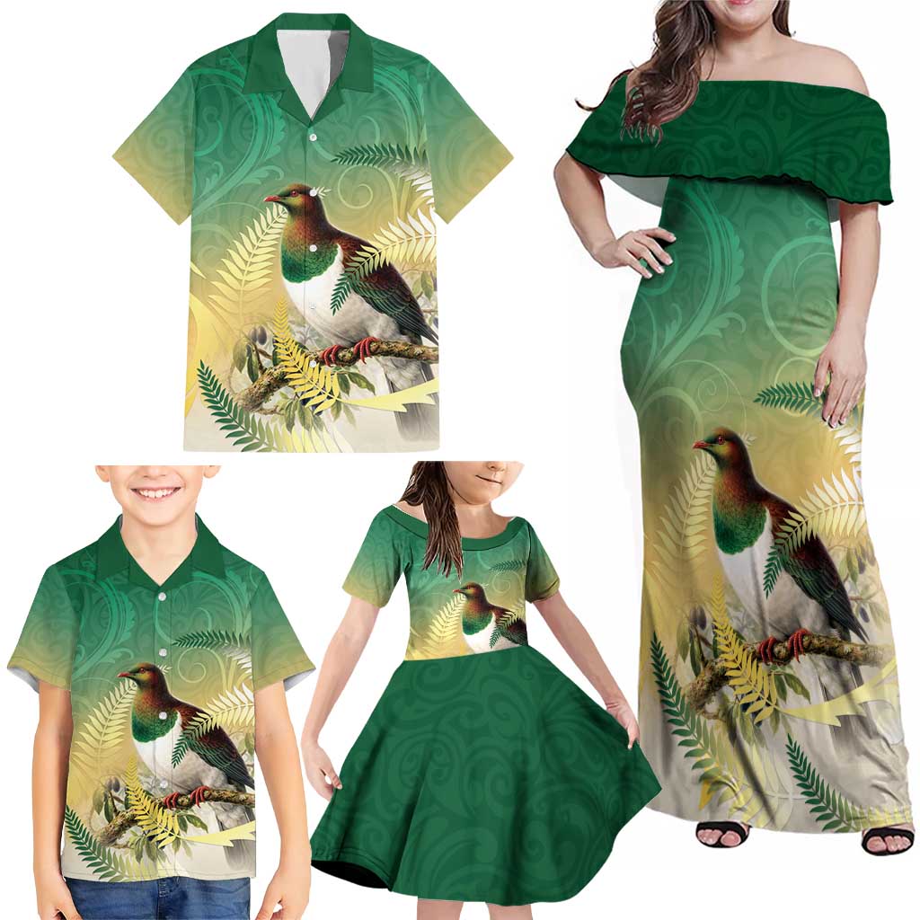 New Zealand Pigeon Kereru Family Matching Off Shoulder Maxi Dress and Hawaiian Shirt Maori Fern Art Green Gradient LT05 - Polynesian Pride