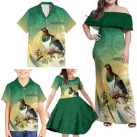 New Zealand Pigeon Kereru Family Matching Off Shoulder Maxi Dress and Hawaiian Shirt Maori Fern Art Green Gradient LT05 - Polynesian Pride