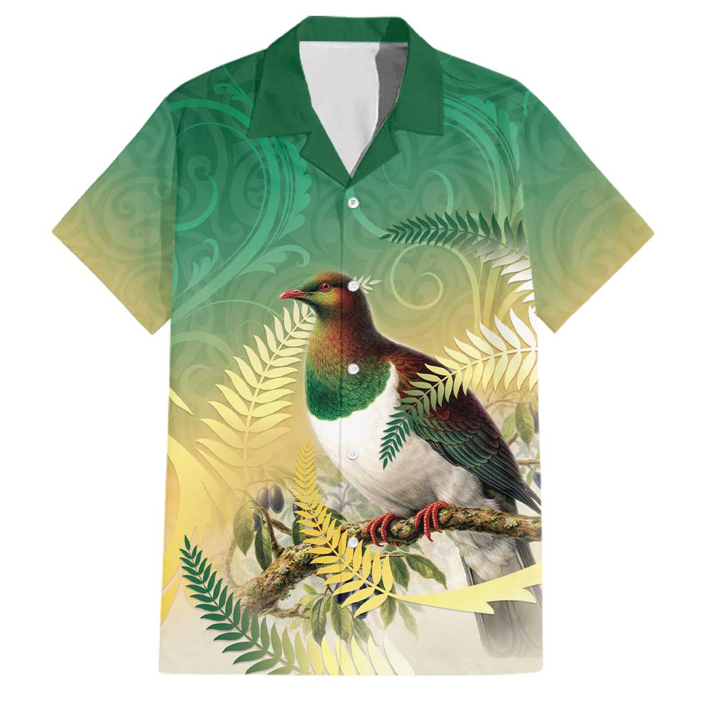 New Zealand Pigeon Kereru Family Matching Off Shoulder Maxi Dress and Hawaiian Shirt Maori Fern Art Green Gradient LT05 Dad's Shirt - Short Sleeve Green - Polynesian Pride