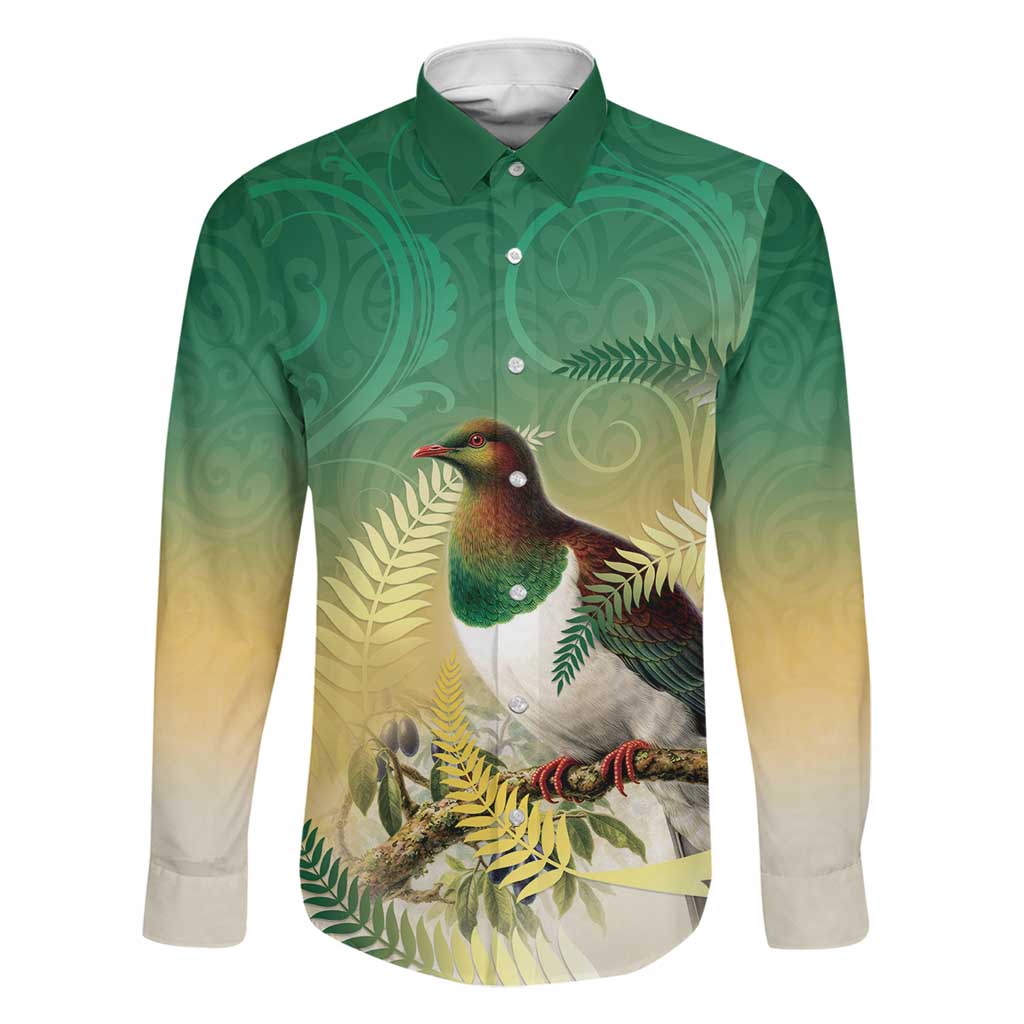 New Zealand Pigeon Kereru Family Matching Off Shoulder Maxi Dress and Hawaiian Shirt Maori Fern Art Green Gradient LT05 Dad's Shirt - Long Sleeve Green - Polynesian Pride