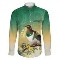 New Zealand Pigeon Kereru Family Matching Off Shoulder Maxi Dress and Hawaiian Shirt Maori Fern Art Green Gradient LT05 Dad's Shirt - Long Sleeve Green - Polynesian Pride