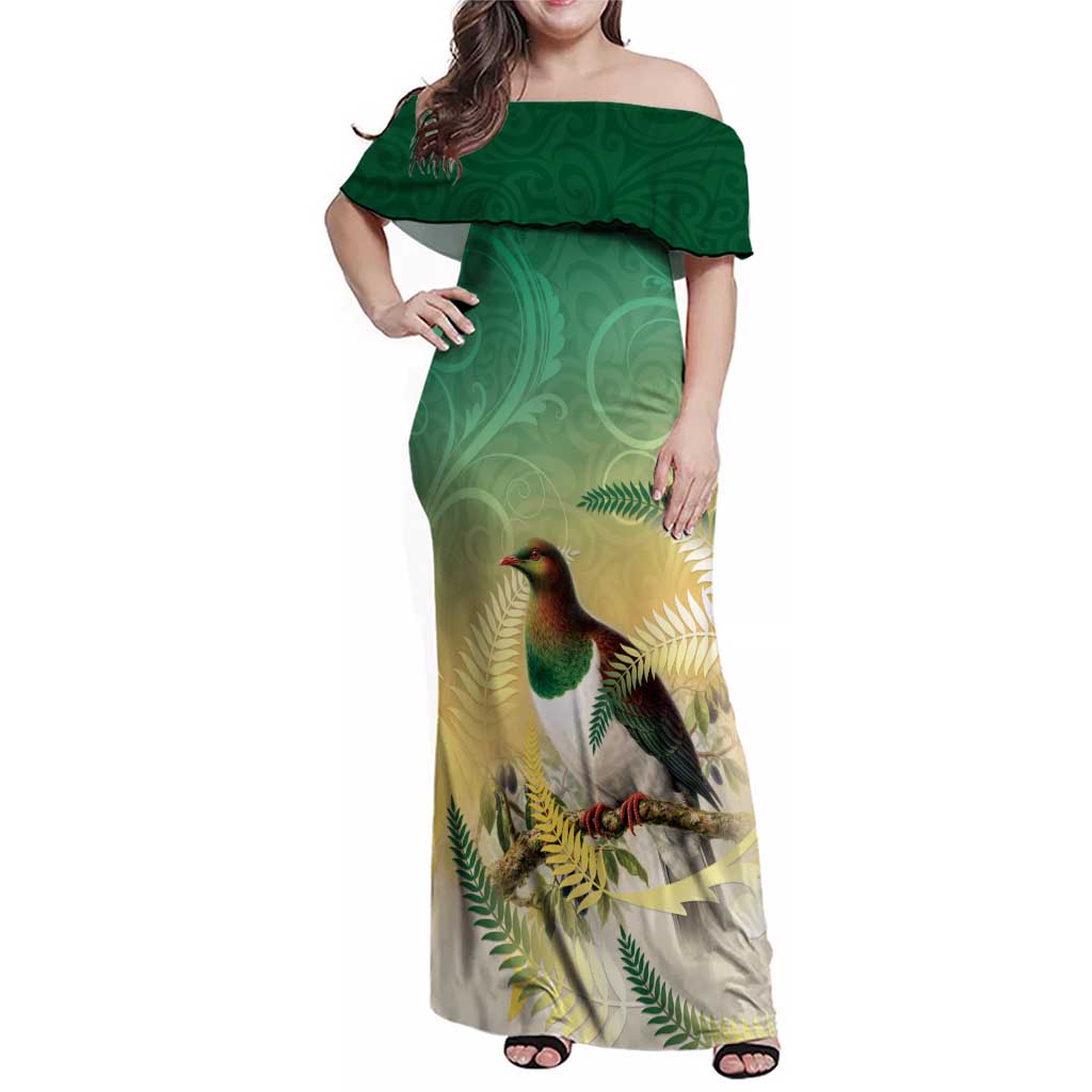 New Zealand Pigeon Kereru Family Matching Off Shoulder Maxi Dress and Hawaiian Shirt Maori Fern Art Green Gradient LT05 Mom's Dress Green - Polynesian Pride