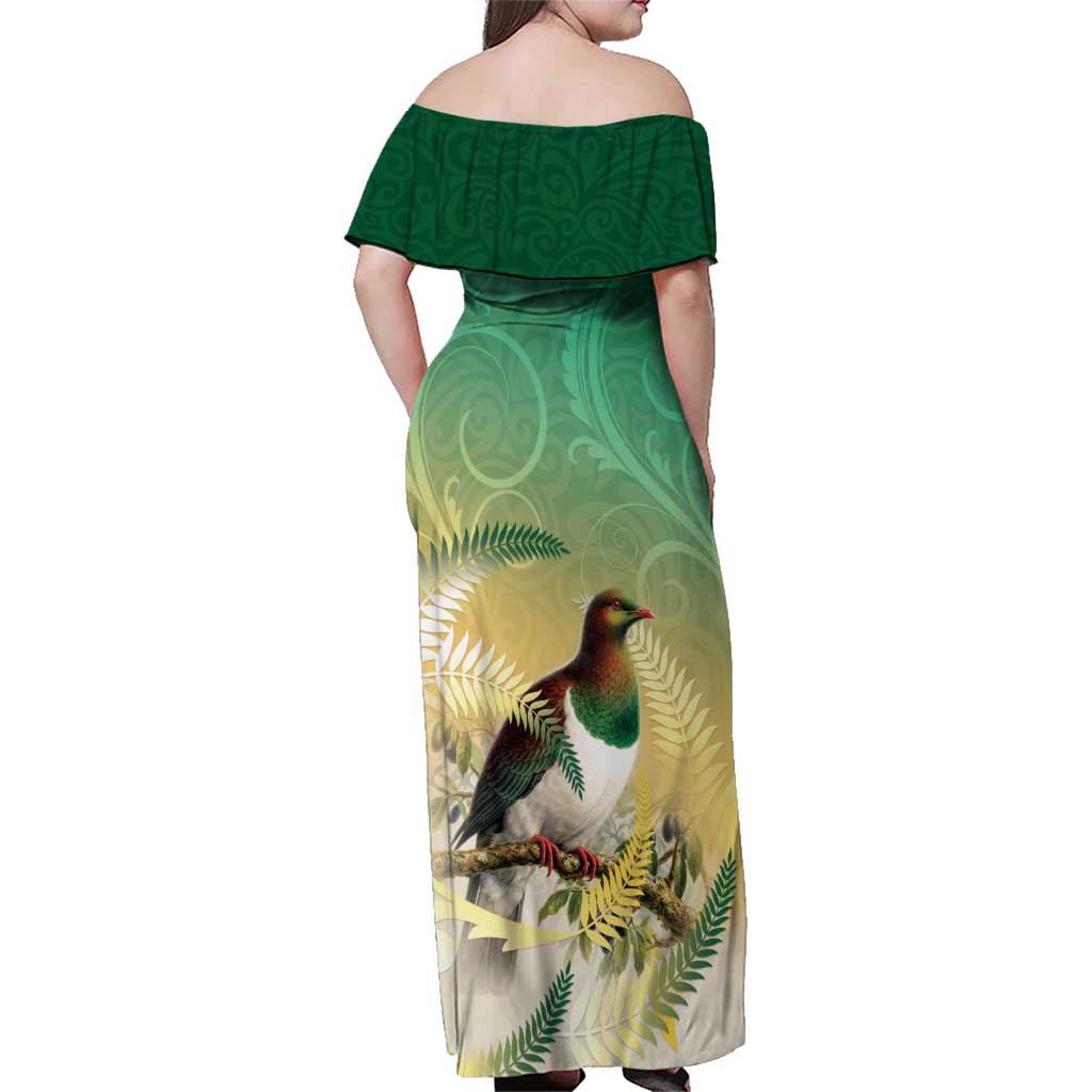 New Zealand Pigeon Kereru Family Matching Off Shoulder Maxi Dress and Hawaiian Shirt Maori Fern Art Green Gradient LT05 - Polynesian Pride