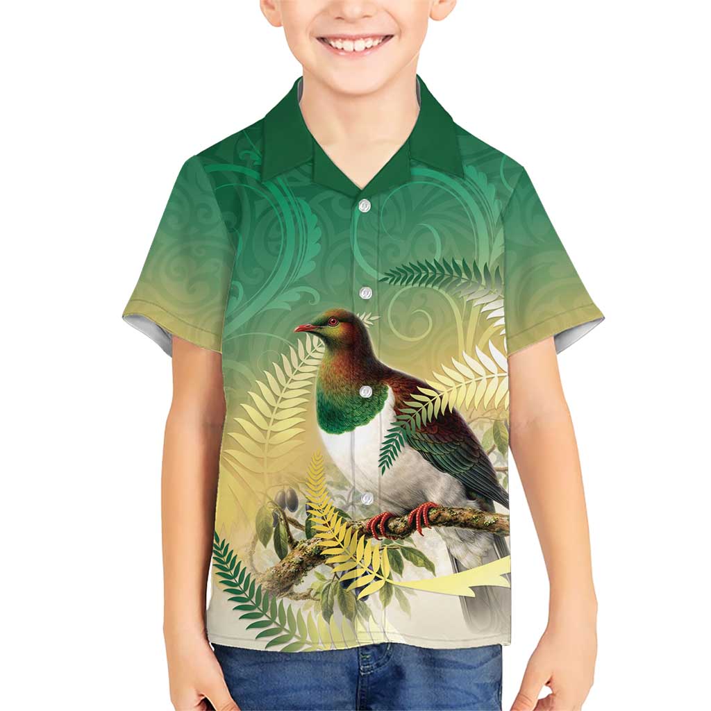 New Zealand Pigeon Kereru Family Matching Off Shoulder Maxi Dress and Hawaiian Shirt Maori Fern Art Green Gradient LT05 Son's Shirt Green - Polynesian Pride
