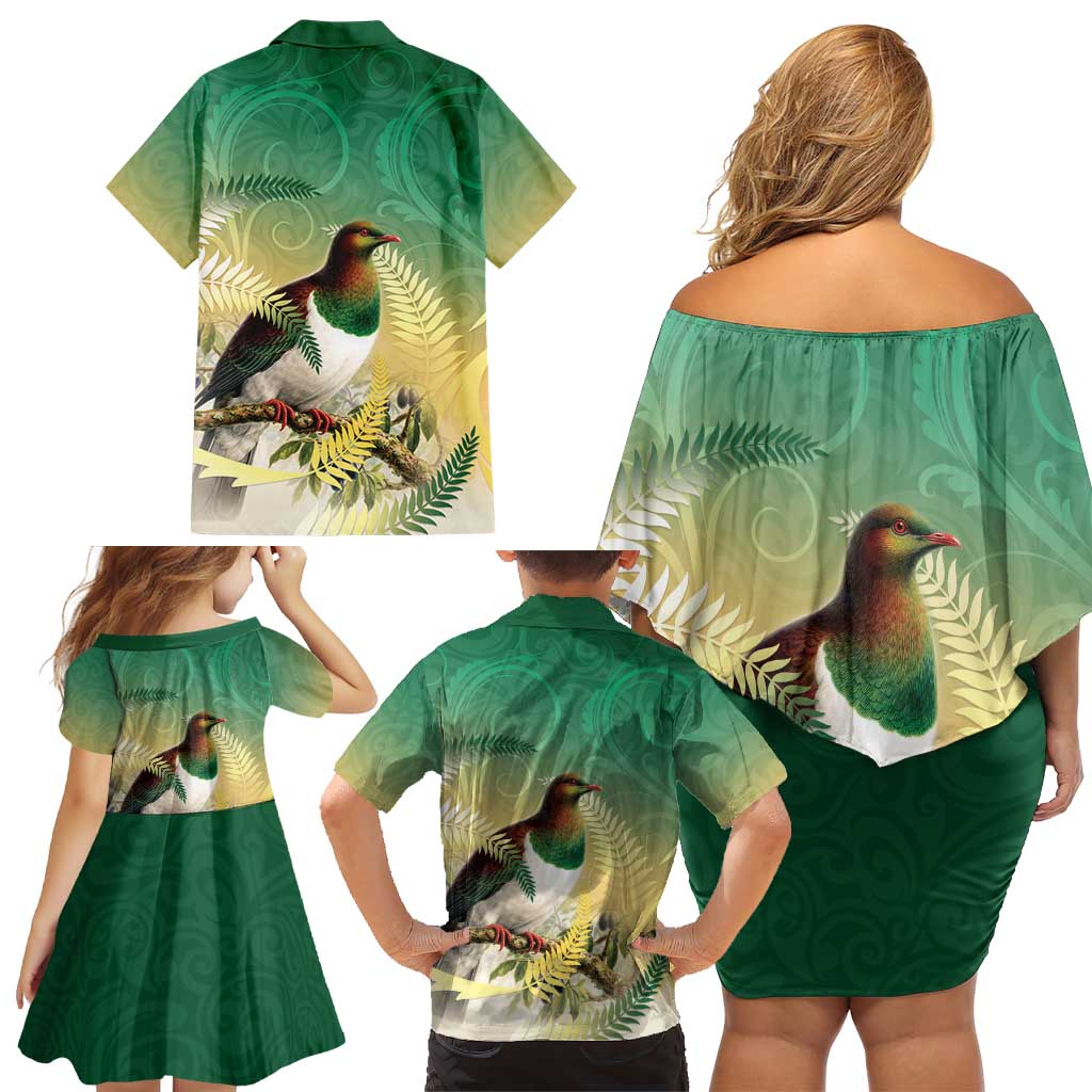 New Zealand Pigeon Kereru Family Matching Off Shoulder Short Dress and Hawaiian Shirt Maori Fern Art Green Gradient LT05 - Polynesian Pride