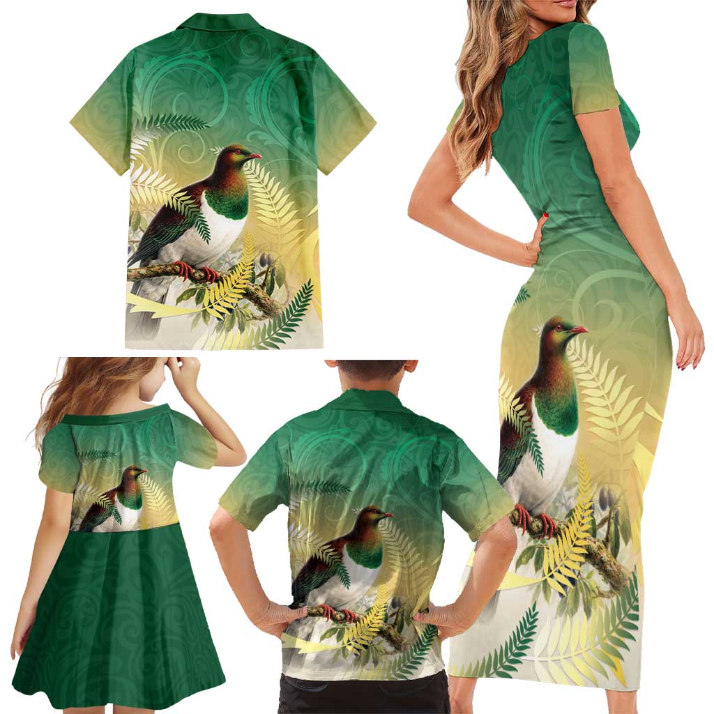 New Zealand Pigeon Kereru Family Matching Short Sleeve Bodycon Dress and Hawaiian Shirt Maori Fern Art Green Gradient LT05 - Polynesian Pride
