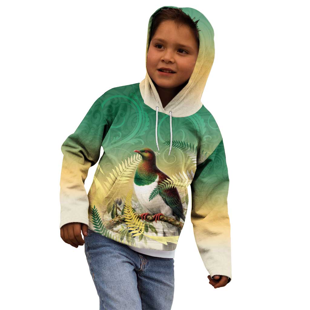 New Zealand Pigeon Kereru Kid Hoodie Maori Fern Art Green Gradient LT05 - Polynesian Pride