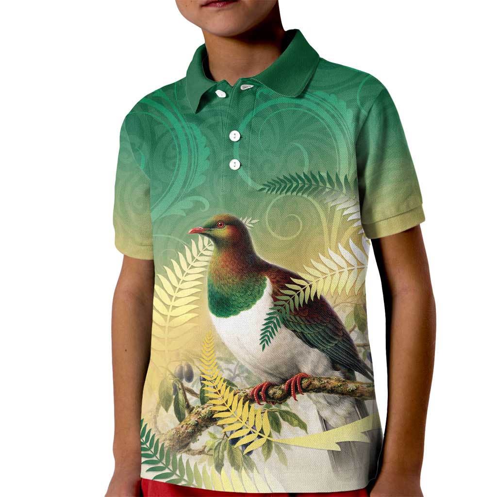New Zealand Pigeon Kereru Kid Polo Shirt Maori Fern Art Green Gradient LT05 Kid Green - Polynesian Pride