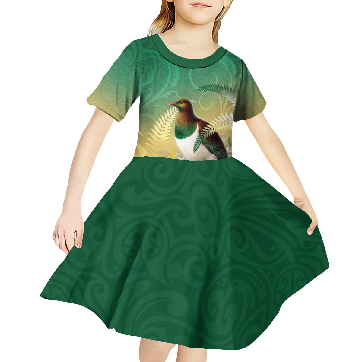 New Zealand Pigeon Kereru Kid Short Sleeve Dress Maori Fern Art Green Gradient LT05 - Polynesian Pride