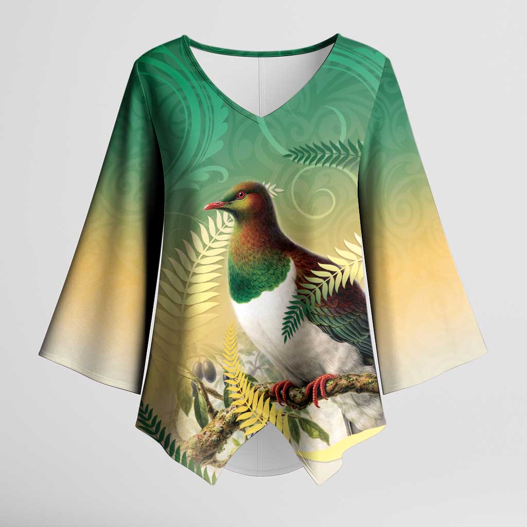 New Zealand Pigeon Kereru Kimono Sleeve Blouse Maori Fern Art Green Gradient - Polynesian Pride