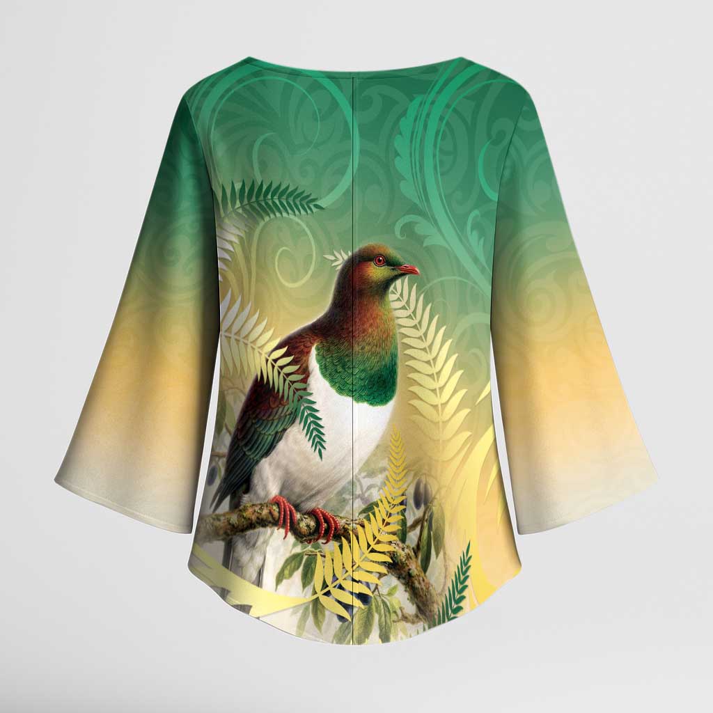 New Zealand Pigeon Kereru Kimono Sleeve Blouse Maori Fern Art Green Gradient - Polynesian Pride