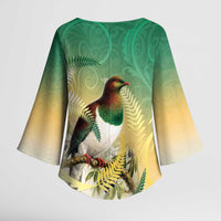 New Zealand Pigeon Kereru Kimono Sleeve Blouse Maori Fern Art Green Gradient - Polynesian Pride