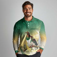 New Zealand Pigeon Kereru Long Sleeve Polo Shirt Maori Fern Art Green Gradient LT05 - Polynesian Pride
