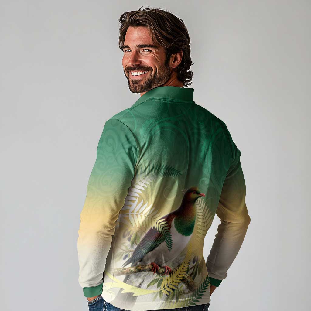 New Zealand Pigeon Kereru Long Sleeve Polo Shirt Maori Fern Art Green Gradient LT05 - Polynesian Pride