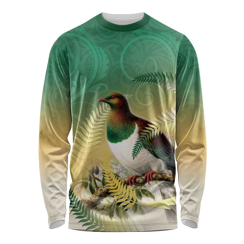 New Zealand Pigeon Kereru Long Sleeve Shirt Maori Fern Art Green Gradient LT05 Unisex Green - Polynesian Pride