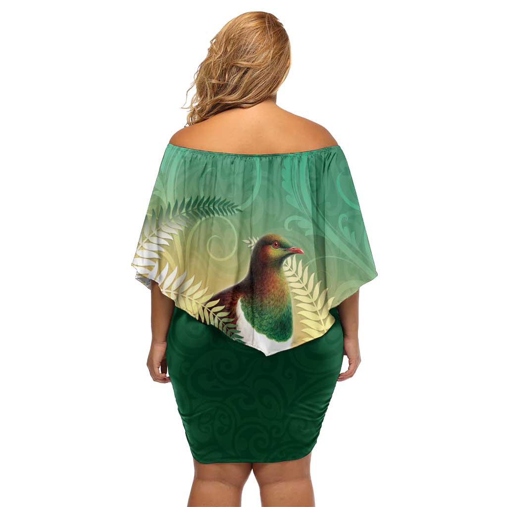 New Zealand Pigeon Kereru Off Shoulder Short Dress Maori Fern Art Green Gradient LT05 - Polynesian Pride