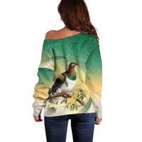 New Zealand Pigeon Kereru Off Shoulder Sweater Maori Fern Art Green Gradient - Polynesian Pride