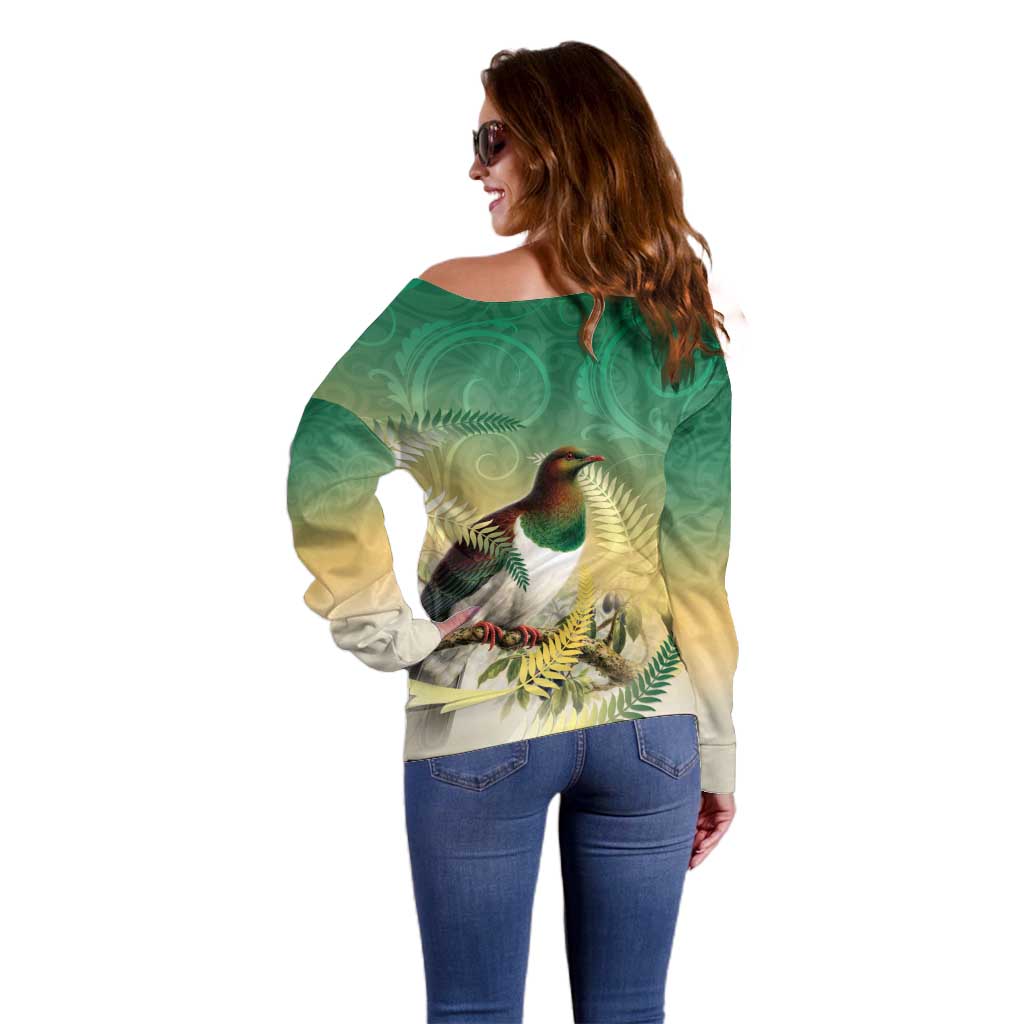 New Zealand Pigeon Kereru Off Shoulder Sweater Maori Fern Art Green Gradient - Polynesian Pride