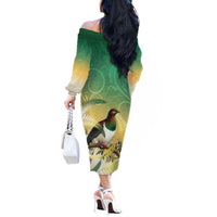 New Zealand Pigeon Kereru Off The Shoulder Long Sleeve Dress Maori Fern Art Green Gradient LT05 - Polynesian Pride