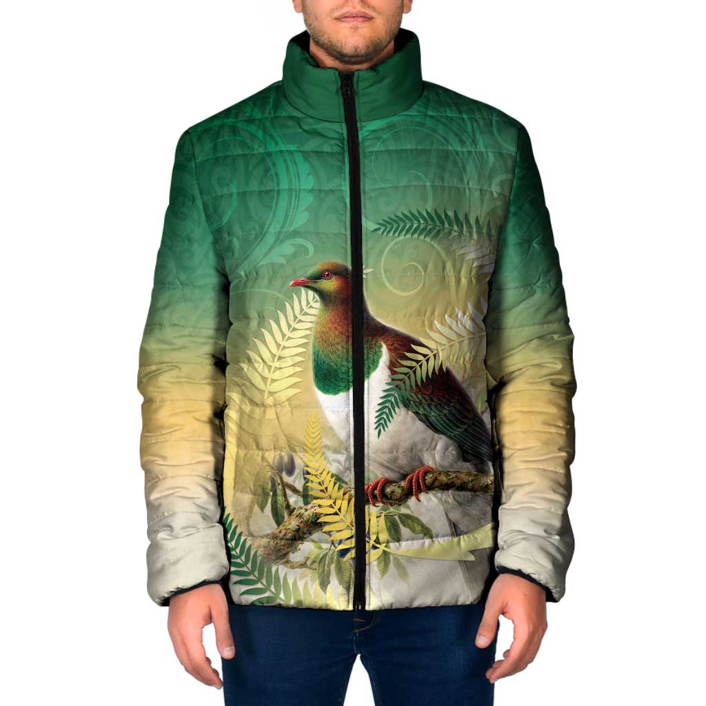 New Zealand Pigeon Kereru Padded Jacket Maori Fern Art Green Gradient - Polynesian Pride