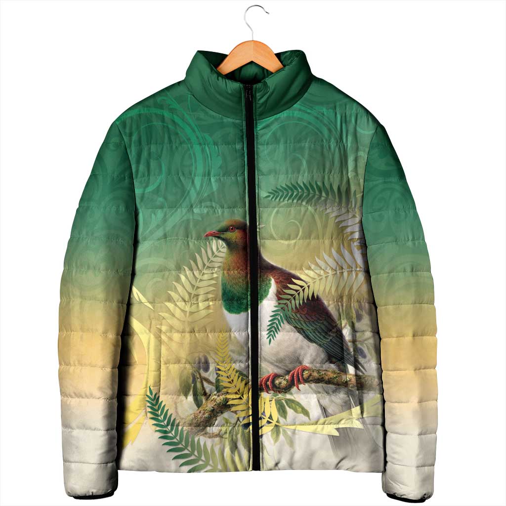 New Zealand Pigeon Kereru Padded Jacket Maori Fern Art Green Gradient - Polynesian Pride