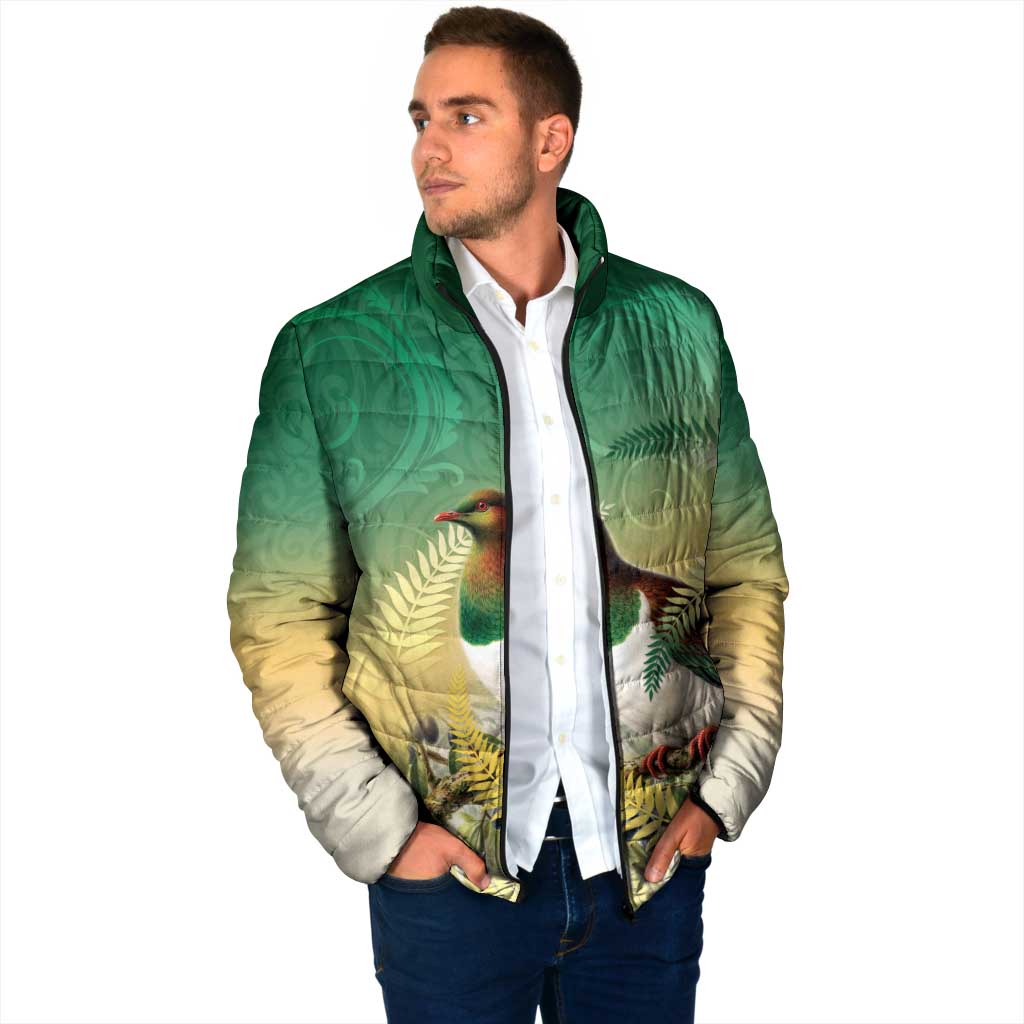 New Zealand Pigeon Kereru Padded Jacket Maori Fern Art Green Gradient - Polynesian Pride