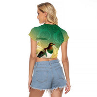 New Zealand Pigeon Kereru Raglan Cropped T Shirt Maori Fern Art Green Gradient LT05 - Polynesian Pride