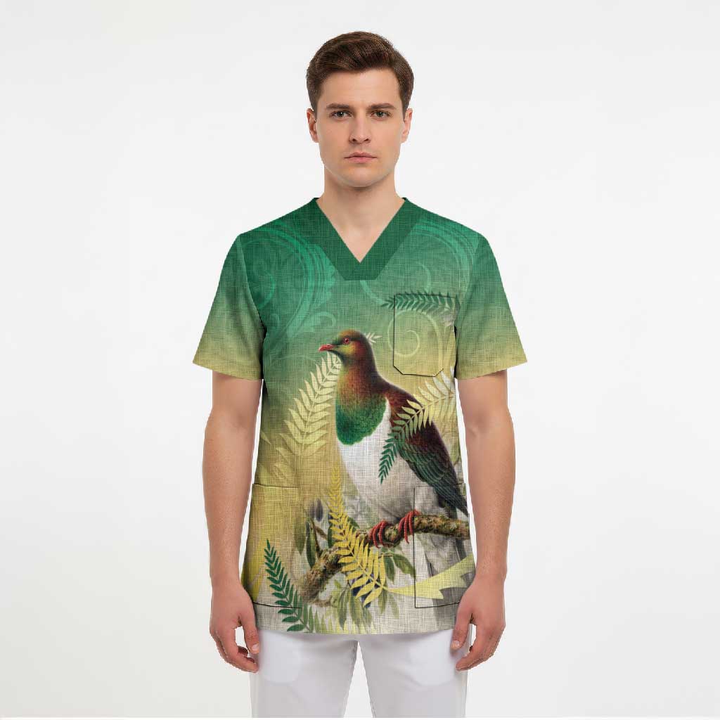 New Zealand Pigeon Kereru Scrub Top Maori Fern Art Green Gradient - Polynesian Pride