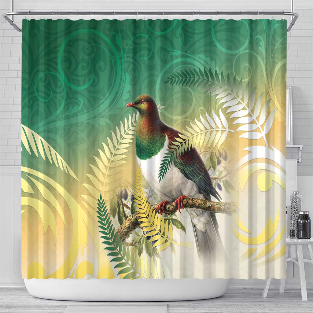 New Zealand Pigeon Kereru Shower Curtain Maori Fern Art Green Gradient - Polynesian Pride